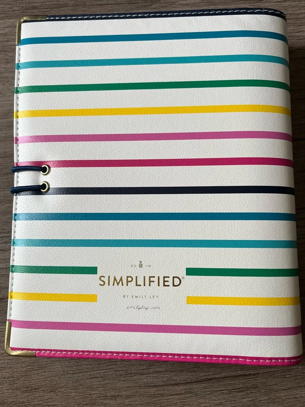 Emily Ley Happy Stripe Faux Pebbled Leather 7 Ring Planner Organizer Cover